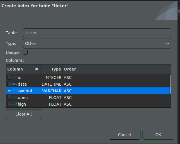 DBeaver create index